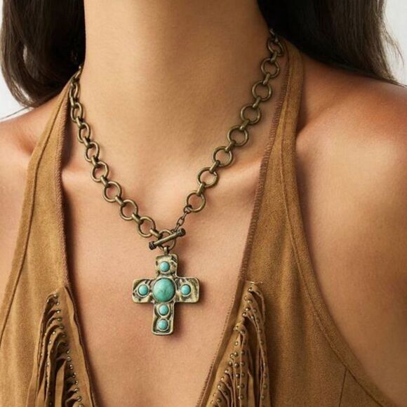 Anthropologie Jewelry - Turquoise Cross Necklace #1787